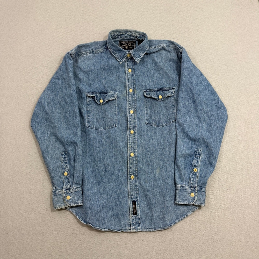 Vintage American Eagle Shirt Small Blue Denim Durable Goods Button Long Sleeve